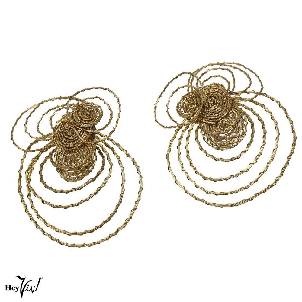 Vintage Gold Tone Wire Wrapped Clip-On Earrings Statement Spiral 4" - Hey Viv